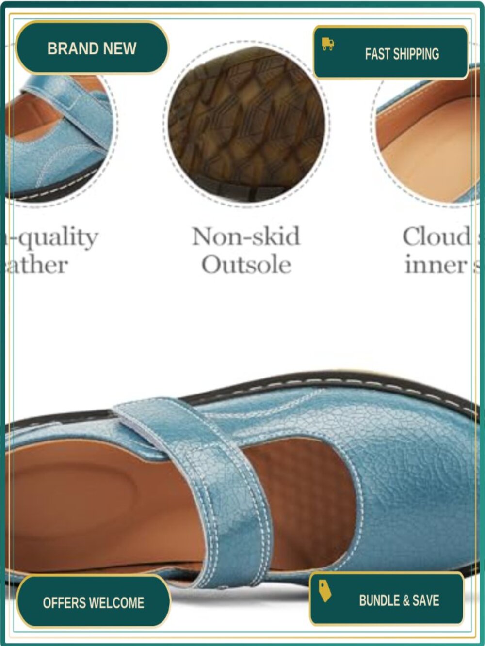 Women's Mary Jane Flats Genuine Leather Memory Foam Slip Resistant Casual Shoes - Picture 5 of 5